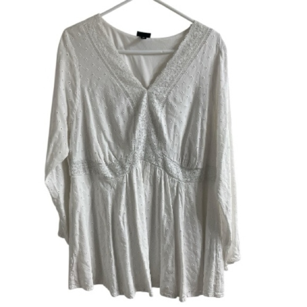 Torrid White Eyelet Lace Trim V-Neck Babydoll Peplum Blouse Plus Size 2 2X